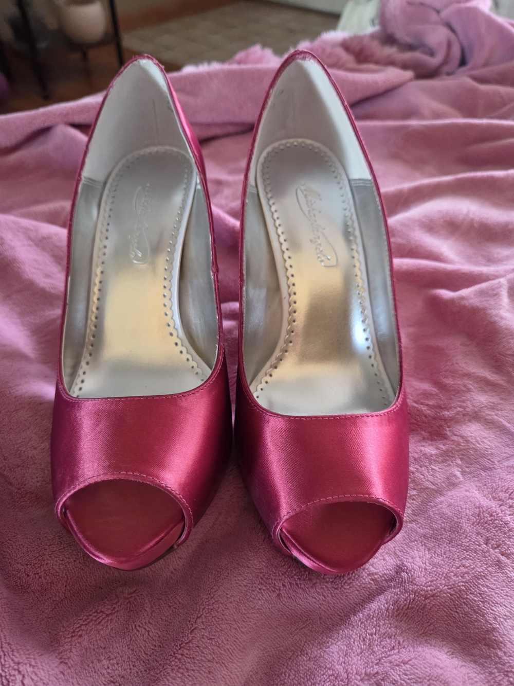 David's Bridal Satin Peep-Toe Heels in Hot Pink